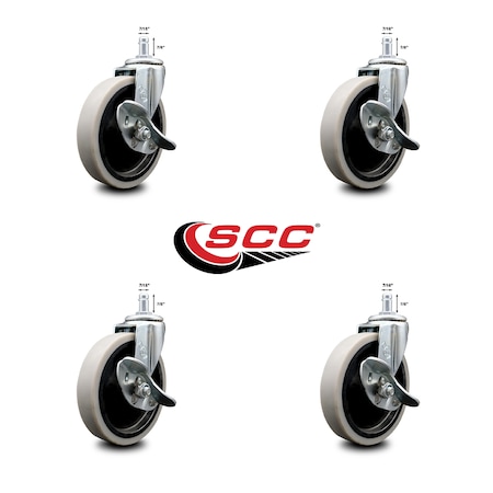 Service Caster 5 Inch Thermoplastic Wheel 7/8 Inch Grip Ring Stem Caster with Brakes, 4PK SCC-GR05S510-TPRS-SLB-71678-4